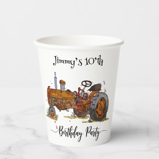 Boys birthday party with antique tractor design pappbecher (Vorderseite)
