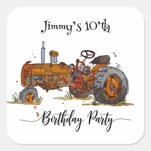 Boys birthday party with antique tractor design quadratischer aufkleber (Vorderseite)