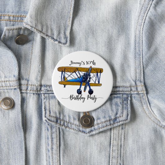 Boys birthday party with blue and yellow biplane button (Beispiel)