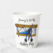 Boys birthday party with blue and yellow biplane pappbecher (Rückseite)