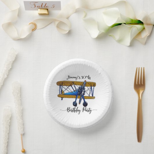 Boys birthday party with blue and yellow biplane pappteller (Hochzeit)