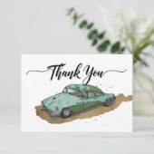 Boys birthday party with two toned sedan dankeskarte (Stehend Vorderseite)