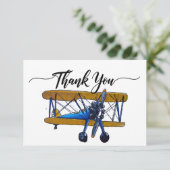 Boys birthday party with yellow and blue biplane dankeskarte (Stehend Vorderseite)
