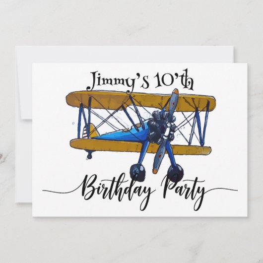 Boys birthday party with yellow and blue biplane einladung (Vorderseite)