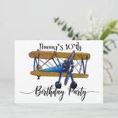 Boys birthday party with yellow and blue biplane einladung (Stehend Vorderseite)