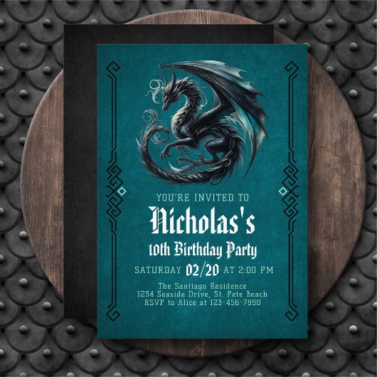 Boy's Black Dragon Birthday Invitation Einladung