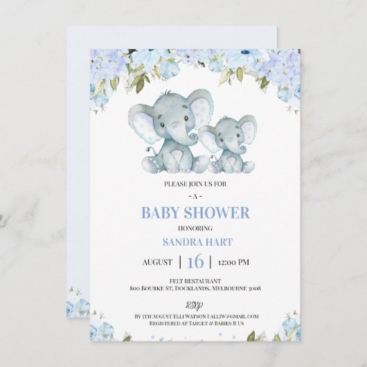 Boys blau Blütenlephand und Calf Baby Dusche Einladung (Vorne/Hinten)