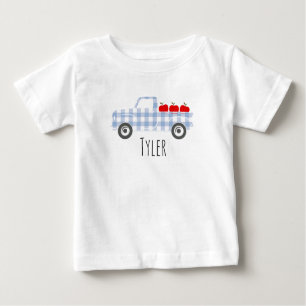 Boys Blauer Karierter LKW mit Äpfeln Personalisier Baby T-shirt