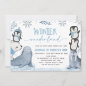Boys Blue Arctic Winter Onederland 1. Geburtstag Einladung (Vorderseite)