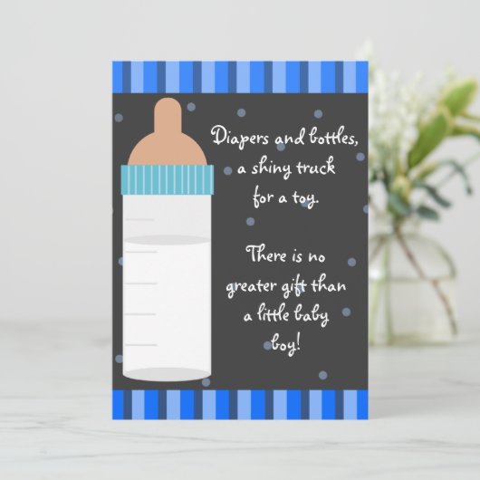 Boys Blue Baby Flasche Babydusche Einladungen (Stehend Vorderseite)