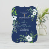 BOYS Blue BAUTIZO Bautismo Taufe Botanisch Einladung (Stehend Vorderseite)