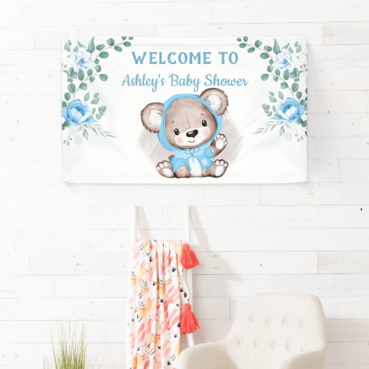 Boys Blue Bear Floral Custom Baby Dusche Banner (Insitu)