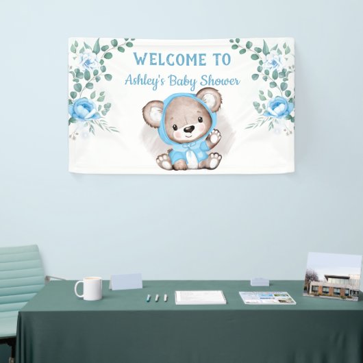 Boys Blue Bear Floral Custom Baby Dusche Banner (Messeveranstaltung)