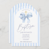 Boys Blue Bow und Stripe Arch Taufe Einladung (Vorne/Hinten)