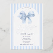 Boys Blue Bow und Stripe Taufe Folieneinladung (Vorderseite)