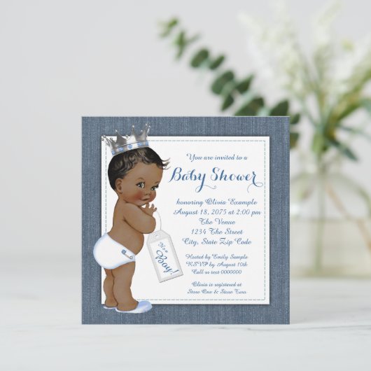 Boys Blue Denim African American Baby Dusche Einladung (Stehend Vorderseite)