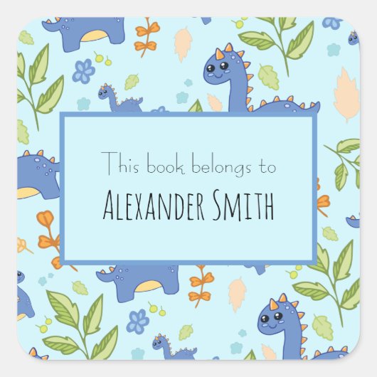 Boys Blue Dinosaurier Muster Dieses Buch gehört de Quadratischer Aufkleber (Vorderseite)