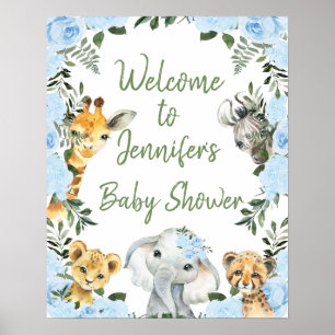 Boys Blue Floral Safari Baby Dusche Begrüßungsppos Poster