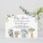 Boys Blue Floral Safari Tiere Kinderdusche Einladung (Stehend Vorderseite)
