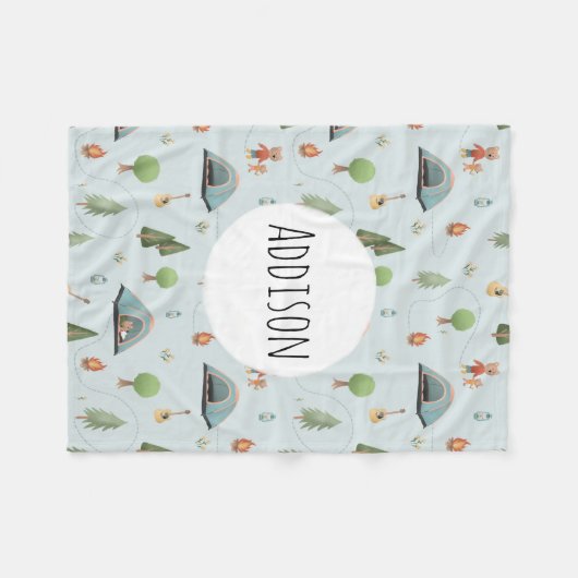 Boys Blue Forest Bear Camping Muster Name Kinder Fleecedecke (Vorderseite (Horizontal))