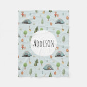 Boys Blue Forest Bear Camping Muster Name Kinder Fleecedecke (Vorderseite)