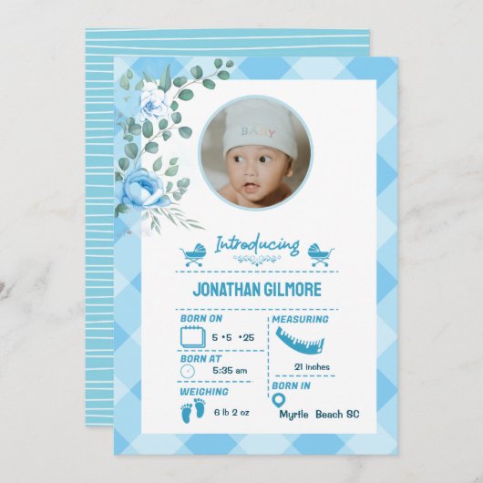 Boys Blue Foto Birth Stats Ankündigung (Vorne/Hinten)