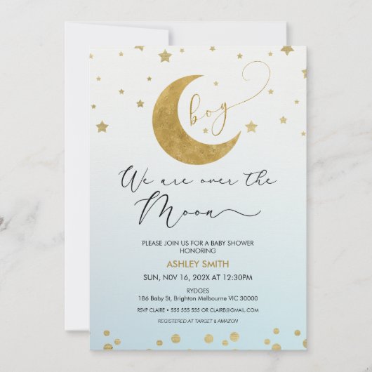 Boys Blue Gold wir sind über dem Mond Baby Dusche Einladung (Vorderseite)