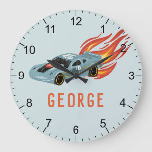 Boys Blue Hot Flames & Racing Car Kids Room Große Wanduhr
