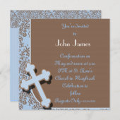 BOYS BLUE INVITATION MIT CROSS ANS DAMASK DESIGN EINLADUNG (Vorne/Hinten)