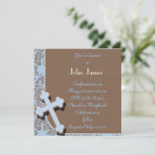 BOYS BLUE INVITATION MIT CROSS ANS DAMASK DESIGN EINLADUNG (Stehend Vorderseite)
