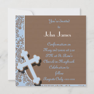 BOYS BLUE INVITATION MIT CROSS ANS DAMASK DESIGN EINLADUNG
