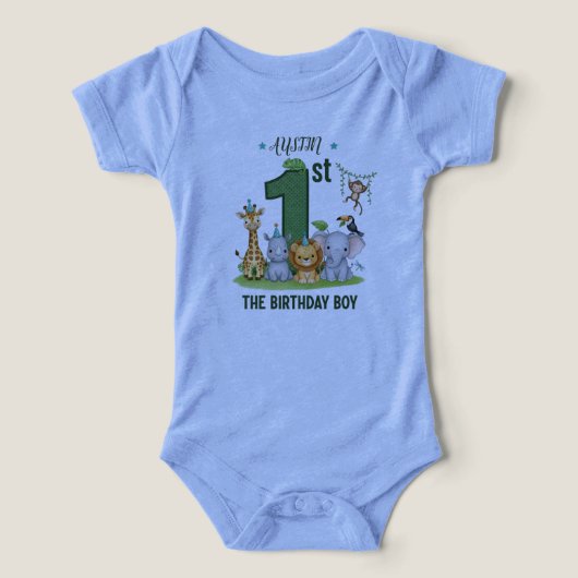Boy's Blue Jungle Safari 1st Birthday Bodysuit (Design Vorderseite)