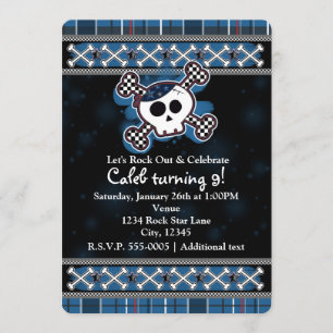 Boys Blue Kariert Skull Crossbones Party Einladung