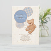 Boys Blue Kariert Teddy Bear Baby Dusche Einladung (Stehend Vorderseite)