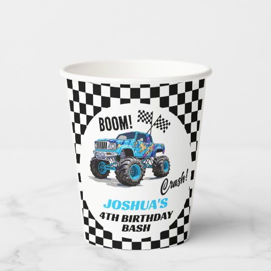 Boys Blue Monster Truck Birthday Pappbecher (Rückseite)