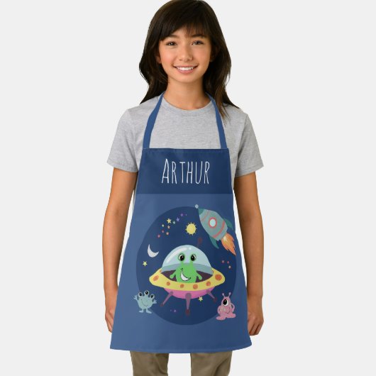 Boys Blue Niedlich Space Alien und Name Schürze (Insitu)