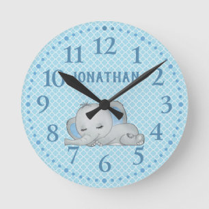 Boys Blue Personalisiert Niedlich Elephant Baby Runde Wanduhr