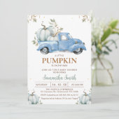 Boys Blue Pumpkin Truck Foliage Baby Dusche Einladung (Stehend Vorderseite)