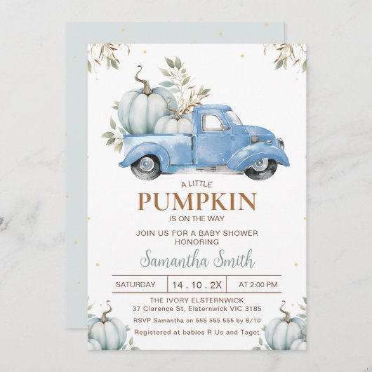 Boys Blue Pumpkin Truck Foliage Baby Dusche Einladung (Vorne/Hinten)