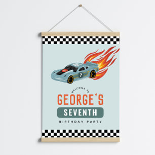 Boys Blue Racing Car Kindergeburtstag Begrüßungsze Poster