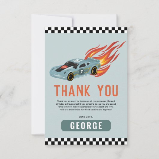 Boys Blue Racing Car Kindergeburtstag Dankeskarte (Vorderseite)