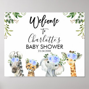 Boys Blue Safari Floral Baby Dusche Willkommenspen Poster