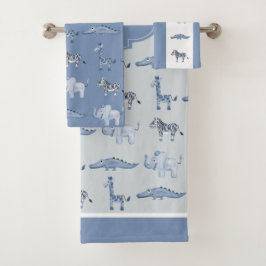 Boy's Blue Safari Tiermuster & Name Kids Badhandtuch Set