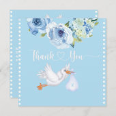 Boys Blue Stork Monogram Floral Baby Dusche Dankeskarte (Vorne/Hinten)