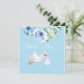 Boys Blue Stork Monogram Floral Baby Dusche Dankeskarte (Stehend Vorderseite)