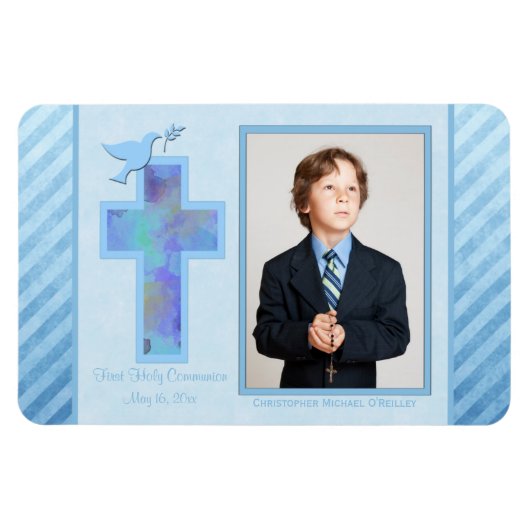 Boys Blue Strip 1. Heiliger Kommunion Foto Magnet (Horizontal)
