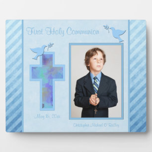 Boy's Blue Striped Erste Heilige Comunion Plaque Fotoplatte