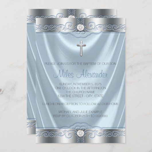 Boys Blue und Silver Baptisse Einladung (Vorne/Hinten)