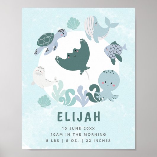 Boys Blue under Sea Birth Stats Kinderzimmer Poster (Vorne)