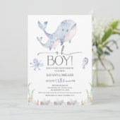 Boys Blue Under Sea Whale Calf Baby Dusche Einladung (Stehend Vorderseite)